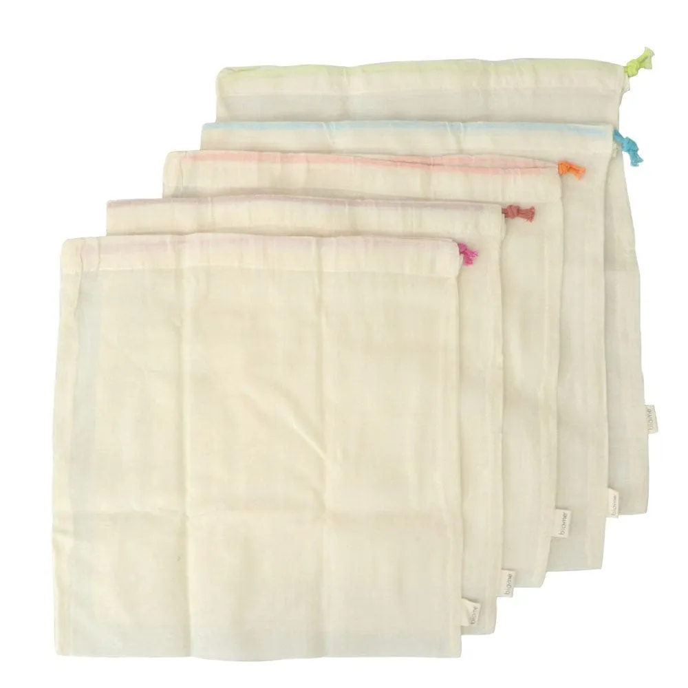 Biome Lightweight Organic Cotton Produce Bags Set of 5 (coloured drawstrings)