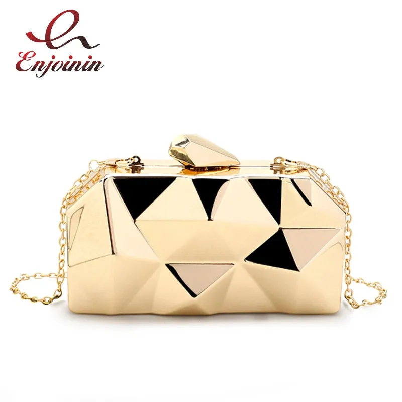 Fashion Handbags Women Metal Clutches Top Quality Hexagon Mini Party Black Evening Purse Silver Bags Gold Box Clutch 3 colors