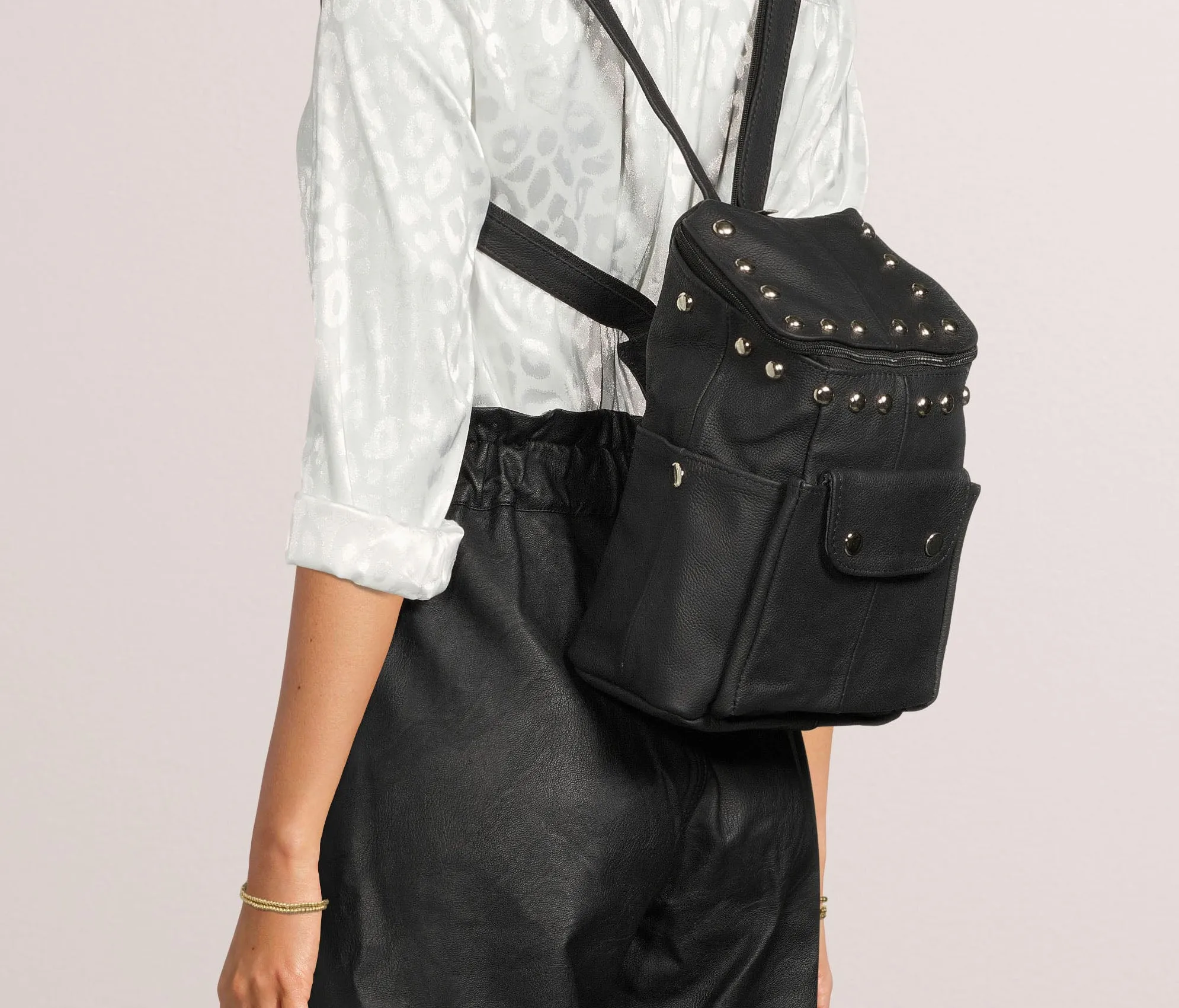 Genuine Leather Hip Backpack with Studs