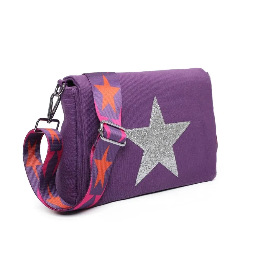 Glitter Star Crossbody Canvas Bag With Strap - Purple