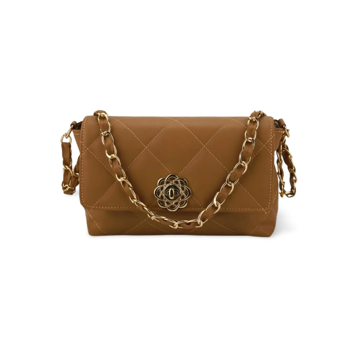 Quilted Faux Leather Purse with Gold Chain and Flower Detail