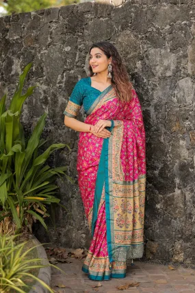 Trending Pink Color Foil Printed And Stone Work Dola Silk Saree