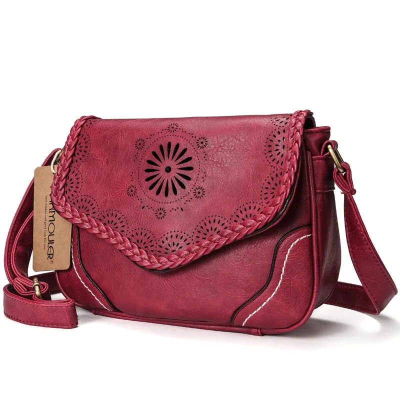 Vintage Leather Hollow Out Crossbody Shoulder Bag